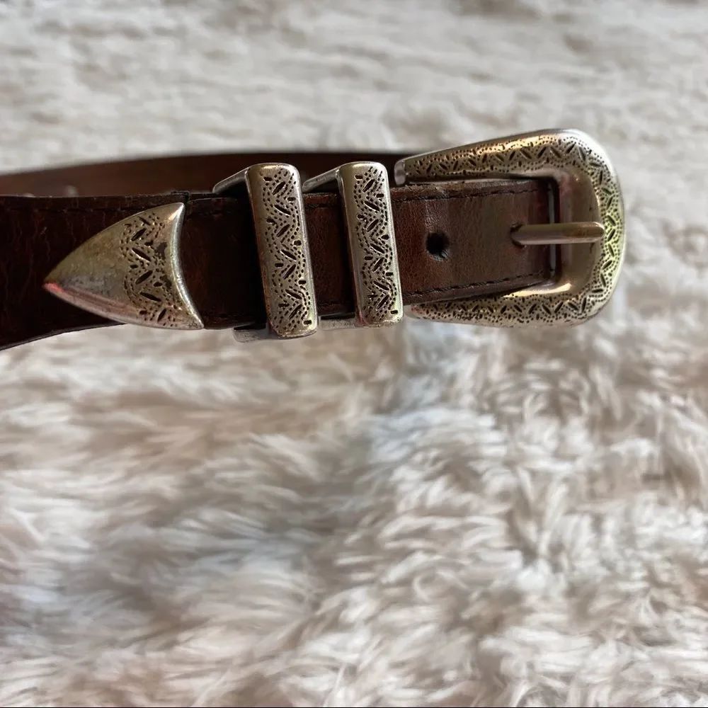 Brown Oil Tanned Cowhide Belt With Southwest Style Silver Hardware